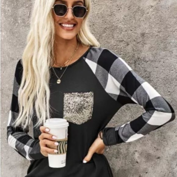 Women's plaid and sequin long sleeve tee - Picture 4 of 7